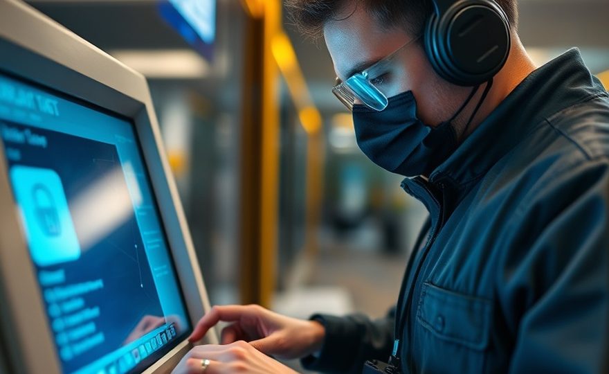 ATMのカードリーダーを点検する担当者